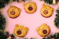 Buns `Pigs` for the New Year 2019. Homemade baking Royalty Free Stock Photo