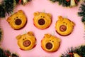 Buns `Pigs` for the New Year 2019. Homemade baking Royalty Free Stock Photo