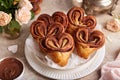 Buns in a shape of hearts made from yeast dough with chocolate filling