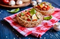 Buns stuffed with mushrooms, bell pepper, eggs and bacon Royalty Free Stock Photo
