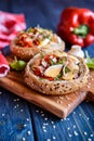 Buns stuffed with mushrooms, bell pepper, eggs and bacon Royalty Free Stock Photo