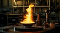 Bunsen burner and crucible set up for scientific experimentation in the lab. Ai Generated Royalty Free Stock Photo