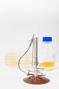 Bunsen burner with petri dishes and a flask