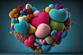 colorful knitted hearts made of wool. woolen harts on blue back ground ,Generative AI