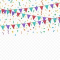 Bunting flags, ribbons and confetti on transparent checkered background