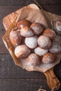 Bunuelos Mexican golden, crispy-sweet, tortilla-like fritters. pile of bunyols de Quaresma, typical pastries of Catalonia, Spain, Royalty Free Stock Photo