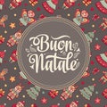 Buon Natale. Greeting card. Christmas template. Winter holiday in Italy. Congratulation on Italian. Vintage style.