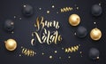 Buon Natale Italian Merry Christmas golden decoration, hand drawn gold calligraphy font for greeting card black background. Vector
