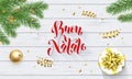 Buon Natale Italian Merry Christmas holiday golden decoration and calligraphy font for greeting card white wooden background. Vect Royalty Free Stock Photo