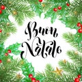 Buon Natale Italian Merry Christmas holiday hand drawn calligraphy text for greeting card of wreath decoration and Christmas stars