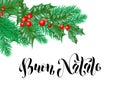 Buon Natale Italian Merry Christmas holiday hand drawn calligraphy text for greeting card of wreath decoration and Christmas vecto