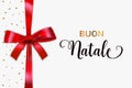 Buon Natale Merry Christmas italian typography. Christmas vector card with blue realistic bow and golden stars
