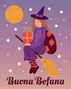 Buona Befana - Italian translation - Happy Befana. Cute Witch Befana traditional Christmas Epiphany character in Italy Royalty Free Stock Photo