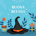 Buona Befana mean happy Epiphany Christmas Tradition in Italy Witch hat and Christmas accessories template for your