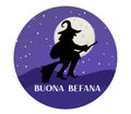 Buona Befana mean happy Epiphany Christmas Tradition in Italy Witch silhouette on night sky with moon, template for your