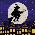 Buona Befana mean happy Epiphany Christmas Tradition in Italy Witch silhouette on night sky with moon, template for your