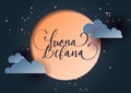 Buona Befana translation Happy Epiphany card for Italian holidays. Handwritten lettering, clear night sky with full moon Royalty Free Stock Photo