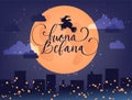 Buona Befana translation Happy Epiphany card for Italian holidays. Handwritten lettering, old witch flying on a broom in Royalty Free Stock Photo