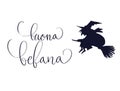 Buona Befana translation Happy Epiphany card for Italian holidays. Handwritten lettering, old witch flying on a broom in Royalty Free Stock Photo