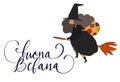 Buona Befana translation Happy Epiphany card for Italian holidays. Handwritten lettering, old witch flying on a broom in Royalty Free Stock Photo