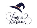 Buona Befana translation Happy Epiphany card for Italian holidays. Handwritten lettering, old witch hat hand drawn Royalty Free Stock Photo