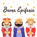 Buona Epifania - Italian translation: Happy Epiphany. Cute cartoon Three Kings prince character with the beard and crown holding Royalty Free Stock Photo