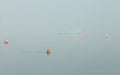 Buoy with yacht in the fog. Mist over the sea. Ship in the fog. Yacht parking Sea port. Royalty Free Stock Photo