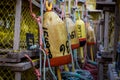 Buoys hanging on lobster traps Royalty Free Stock Photo