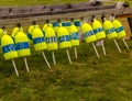 Buoys hanging between sawhorses