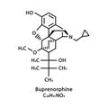 Buprenorphine molecular structure. Buprenorphine skeletal chemical formula. Chemical molecular formula vector