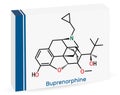 Buprenorphine morphinane alkaloid molecule. It is semisynthetic opioid analgesic,. Skeletal chemical formula. Paper packaging for