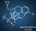 Buprenorphine morphinane alkaloid molecule. It is semisynthetic opioid analgesic, used for management of severe pain. Dark blue