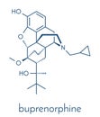 Buprenorphine opioid addiction and pain killer drug molecule. Skeletal formula.