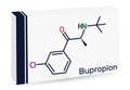 Bupropion molecule. Skeletal chemical formula. Paper packaging for drugs