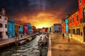 Burano island canal, colorful houses and boats, Venice Italy Europe