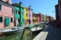 BURANO, ITALY - AUGUST 9, 2016: Typical brightly colored houses in Burano, Venice, Italy