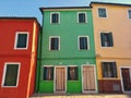 Burano, Italy - February 2019: Colorful and rainbow houses in Burano