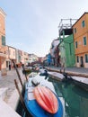 BURANO, ITALY - JANUARY 20, 2020: Colorful houses on the island of Burano in Italy. Burano island is famous for its colorful