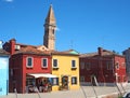 Burano, Venezia, Italy. Colorful houses in Burano island and the famous crooked bell tower