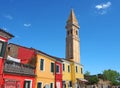 Burano, Venezia, Italy. Colorful houses in Burano island and the famous crooked bell tower