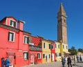 Burano, Venezia, Italy. Colorful houses in Burano island and the famous crooked bell tower