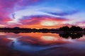 United Arab Emirates mountains view Wadi Al Qor Buraq Dam Sharjah and Ras Al khaimah at Sunrise time with water Reflection and red