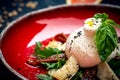 Burata cheese with dried tomatoes, artichokes, arugula and Basil on a red plate. Royalty Free Stock Photo