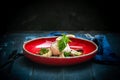 Burata cheese with dried tomatoes, artichokes, arugula and Basil on a red plate. Royalty Free Stock Photo