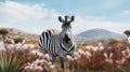 a Burchell Zebra standing gracefully amidst fynbos, the zebra's elegance and the surrounding flora in a minimalist Royalty Free Stock Photo