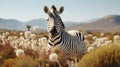 a Burchell Zebra standing gracefully amidst fynbos, the zebra's elegance and the surrounding flora in a minimalist