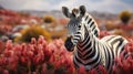 a Burchell Zebra standing gracefully amidst fynbos, the zebra's elegance and the surrounding flora in a minimalist