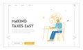 Burden Tax Landing Page Template. Male Character Sitting at Desk with Calculator with Digits in Head Counting Income