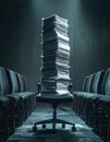 The Burden of Work Tower of Paper on a Lone Chair Royalty Free Stock Photo