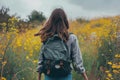 Burdened Back view walking woman backpack. Generate Ai Royalty Free Stock Photo